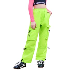 Perfashion Parachute Cargo Pants Neon Green Trousers Y2K Hip Hop Dance Outfits Teen Girls Size 12 13