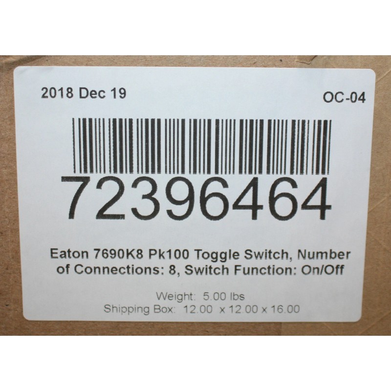 Cutler-Hammer Eaton ON/OFF Toggle Switch 7690K8, 4PST, 10A @ 250V,