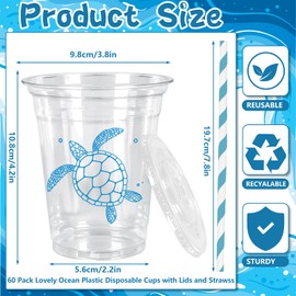 FYSUIMU 60Pcs 12Oz Ocean Animal Plastic Cups with Lids & Straws Under The Sea Disposable Clear Drinking Cups for Summer Birthday Baby Shower Party Supplies