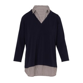 Adrianna Papell Women's Print 3/4 Sleeve Open V-Neck Knit Twofer, Navy w/Navy/Ivory Small Stripe