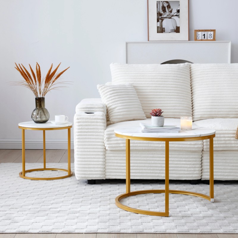 Set 2 Nesting Coffee Table White Gray Top Golden Frame