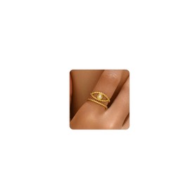 RATVIU Rings for Women 18K Gold Plated Stackable Rings Dainty Evil Eye Flower Chevron Stars Sun Moon Adjustable Open Ring Jewelry Gift