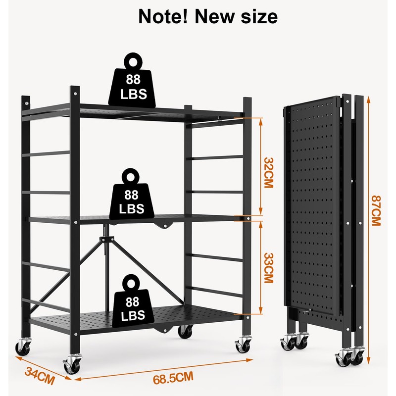 Himix Storage Shelves with 6 Hooks, 3 Tier Foldable Shelf