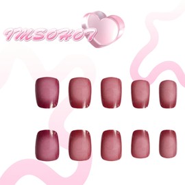 IMSOHOT Square Press on Nails Short Fake Nails Purple Glue on Nails Pink Ombre Glossy False Nails with Designs Full Cover 24Pcs Acrylic Handmade Gel Squoval Nails for Women Girls