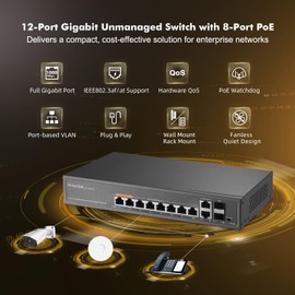 MokerLink 12 Port Gigabit PoE Switch with 8 PoE+ Port, 2 Gigabit Uplink, 2 SFP Port, 120W AI Detection, Qos & Extend, Fanless Metal Plug & Play Unmanaged Network Switch
