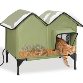 Heated Cat House for Outside, Large Elevated Waterproof Outdoor Cat House Weatherproof with Escape Doors and Heating Pad for Winter, Sturdy Insulated Outdoor Cat Shelter for Multiple Cats, Green