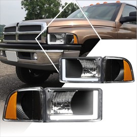 PM PERFORMOTOR LED DRL Headlight Assembly Compatible with Dodge Ram Pickup 94-02 | Headlamps with Black Housing Amber Corner