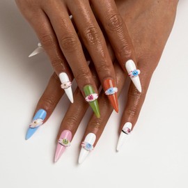 FORBELOVED NAILS,Colorful Hand-pained Devil eyes Handmade Press On Nails,Long Stiletto Stick on Nails,3D Relief Mesmerizing False Nails For Women And Girls,10Pcs/Set With Glue,(White-S),FOB