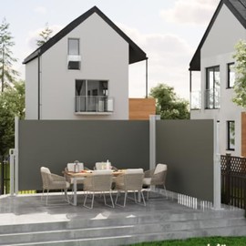 GarveeLife 71''x236'' Double Side Awning, Retractable Side Awning with 280g Polyester Fabric, Rainproof and UV-Proof Folding Privacy Screen Privacy Fence, for Deck, Patio, Pools, Grey