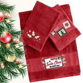 DAN RIVER Luxurious 100% Cotton Christmas Towel Set - Festive Embroidery Design, 3-Piece Pack with Sizes of Bath 27x50, Hand 16x26 & Face 12x18 - Ideal for Decor and Gifting - Red