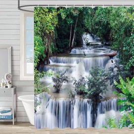 FAIRYGATE Shower Curtains Mould Proof Resistant Waterfall Shower Curtain Tropical Forest Green Leaves Plant Falling Water Flower Plant Lake Nature Landscape Home Bathroom Curtains B8521