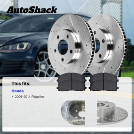 AutoShack 13.13" (333.5 mm) Rear Solid Drilled & Slotted Brake Rotors Coated + Ceramic Brake Pads Replacement for 2006-2014 Honda Ridgeline Silver Zinc Coated 6-PC Brake Kit SilverShield Pro