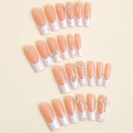 Pikabows Press On Nails Long Coffin Butterfly Rhinestone Nude French Tip Fake Nails Acrylic False Nail Tips Kit Glue on Nails for Women