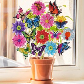 Zidoley 16 Pieces Diamond Painting Children Adults, 8 Pieces Butterfly & 8 Pieces Flower Diamond Painting Kit, Craft Set Children's Accessories, Gardens & Flowers Decoration, Creative Gifts for Girls