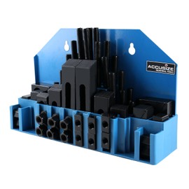 Accusize Industrial Tools 58 Pc Steel Clamping Kit with Wall Holder, Table Slot 5/8", Stud Size 1/2"-13, Block Width 1", 4230-2626