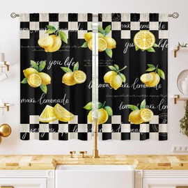GOTOGE - Cortinas rústicas para ventana de cocina, estilo clásico, color blanco, negro, búfalo a cuadros, verano, frutas, limón, divertida decoración de cocina, 42 x 45 pulgadas