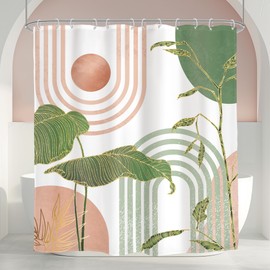 Glawry Pink and Green Boho Shower Curtain Abstract Mid Century Palm Tree Leaves Bathroom Minimalist Tropical Modern 60Wx72L Inches Bath Accessories Art Home Decor Fabric 12 Pack Hook