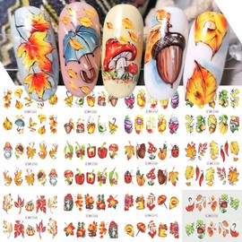 Maple Leaf Nail Art Stickers, 12Pcs Fall Leaf Nail Decals Water Transfer Autumn Nail Decorations for Nail Art Cute Maple Leaf Pumpkin Acorn Nail Stickers for Women Thanksgiving Day Manicure Supplies