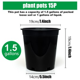 RooTrimmer 1.5 Gallon Plastic Nursery Pots, 7.5 Inch Round Plant Pots with Drainage Holes, 15 Pack Flower Pots for Outdoor Indoor Plants, Flowers, Gardening Gifts for Women, Black