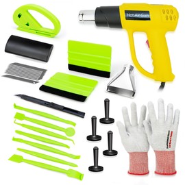 Pro Vinyl Wrap Installation Bundle: 2000W Heat Gun with Flat Nozzle, 9mm Knife Blades+Disposal Blade Container, Safety Cutter, 7pc Edge Tuck Tool, Carbon Gloves, 4 Magnetic Positioners & Squeegee
