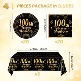 41Pcs 100th Birthday Party Decorations for Men Women, Black Gold Happy 100th Birthday Supplies with 20 Plates, 20 Napkins and 1 Tablecloth, 100 Years Old Party Disposable Tableware Kit for Him Her