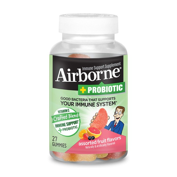 Airborne Vitamin C 750mg (per serving) - Plus Probiotic Gummies (27 count in a bottle), Gluten-Free Immune Support Supplement With Vitamins A C E, Selenium, Echinacea, Ginger, Antioxidants