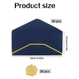 Business Envelopes with V-Flap Gold Border, 30 Pack Invitation Business Mailing Envelopes with Gold Stickers for Invoices, Checks, Letter Mailing (Blue)
