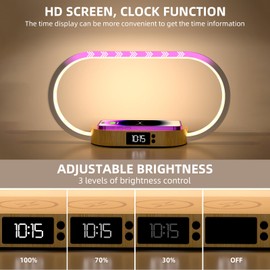 m zimoon Bedside Lamp with Fast Wireless Charger, Bedroom Lamp with Clock, Table Lamps for Bedside, Touch Night Light for Bedroom, Wood Decor, Stepless Dimming, 3 Colour Modes