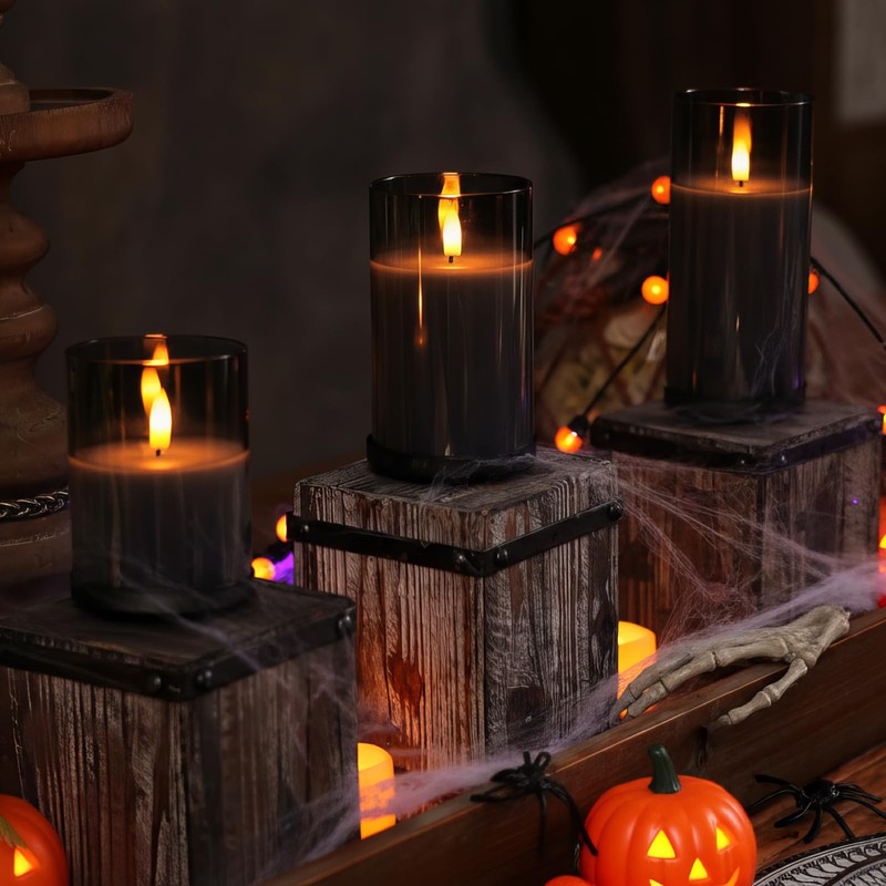 Homemory Grey Glass Flameless Candles, Battery Operated LED Pillar Candles