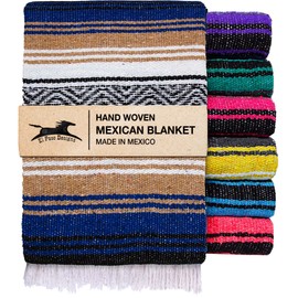 El Paso Designs Mexican Yoga Blanket – Colorful Falsa Serape Throw for Yoga, Beach, Picnic, Saddle, or Home Décor – Soft Woven Boho Blanket (Blue and Tan)