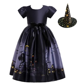 [UPENC] Witch Girl Halloween Costume, Children, Devil, Wizard, Miko, Cute, Popular, Dress, 4 Piece Set, 4 Pieces (150, Black)