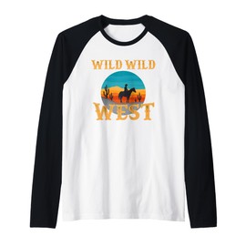 Wild Wild West Cowboy Silhouette Saguaro Cactus Sunset Raglan Baseball Tee
