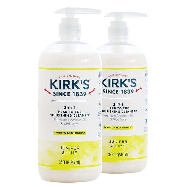 3-in-1 Castile Liquid Soap by Kirk’s | Head-to-Toe Natural Shampoo, Face Soap & Body Wash for Men, Women & Children | Coconut Oil + Aloe Vera | Juniper & Lime Scent | 32 Fl Oz. Pump Bottle (2-Pack)
