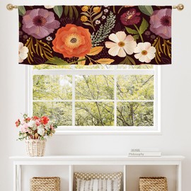 MitoVilla Purple Floral Valance Curtains for Living Room, Abstract Plant Pattern Semi Sheer Kitchen Valances for Windows, Rod Pocket Short Window Treatment Decor, 52x18