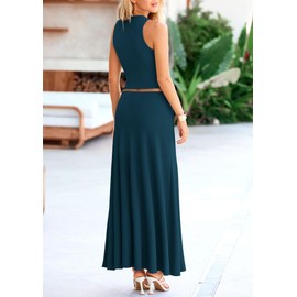 PRETTYGARDEN Women's 2 Piece Maxi Skirt Sets Casual Summer Knit Cropped Tank Top High Waisted Long Skirts Outfit (Lake Blue,Small)