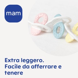 MAM Bite & Relax Fase 1 Mini Dentaruolo, Massaggia gengive neonati 2+ mesi, Con sterilizzatore portatile per microonde, Regalo neonato con 4 sagomature, Azzurro
