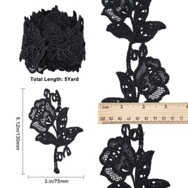 GORGECRAFT 5 Yards Floral Boho Lace Applique Trim 3.2" Wide Black Flower Embroidery Lace Edge Trimmings Embroidered Ribbon for DIY Sewing Crafts Wedding Bridal Dress Embellishment