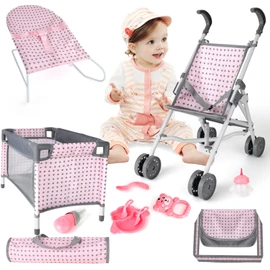 deAO Baby Doll Stroller Crib Bed Nursery Role Play Set Baby Doll with Accessories and Play Mat,Travel Cot,Bouncer,Foldable Stroller and Travel Bag Gifts for Toddlers Girls Boys