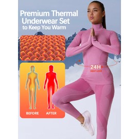 Inno Functional Wear Seamless Thermal Underwear for Women Pj Set Workout Ski Warm Base Layer Cold Weather Yoga Top Bottom, Pink, X-Large