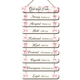 Yuntau Coquette Christian Bow Wall Decor Pink Bible Verses Wood Hanging Sign Pink Bow Room Decor God Says I Am Wall Art Inspirational Christian Gifts for Women Religious for Room Bedroom Home Kitchen