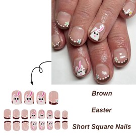 Short Press on Nails Square Fake Nails Easter Bunny Acrylic Nails French Tip Glue on Nails Spring False Nails Cute Flower Press on Nails Reusable Artificial Nails Glossy Stick on Nails for Women