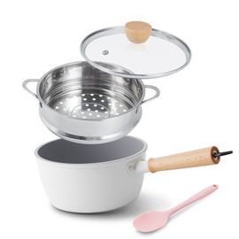 ROCKURWOK Ceramic Nonstick Sauce Pan with Lid, 2.2 Quart Cooking Pot, Small Saucepan with Steamer, PTFE & PFAS-Free, Wooden Handle for Cool Touch, Universal Base(Gas, Electric & Induction), White