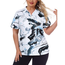 Tanst Sky Plus Size Golf Shirts for Women Loose Fit, Ladies Short Tulip Sleeve Workout Tops 3X Quick Dry Collared UPF 50+ Polos Pickle Ball Tennis Hiking Lightweight Athletic Apparel Ink Painting 3X