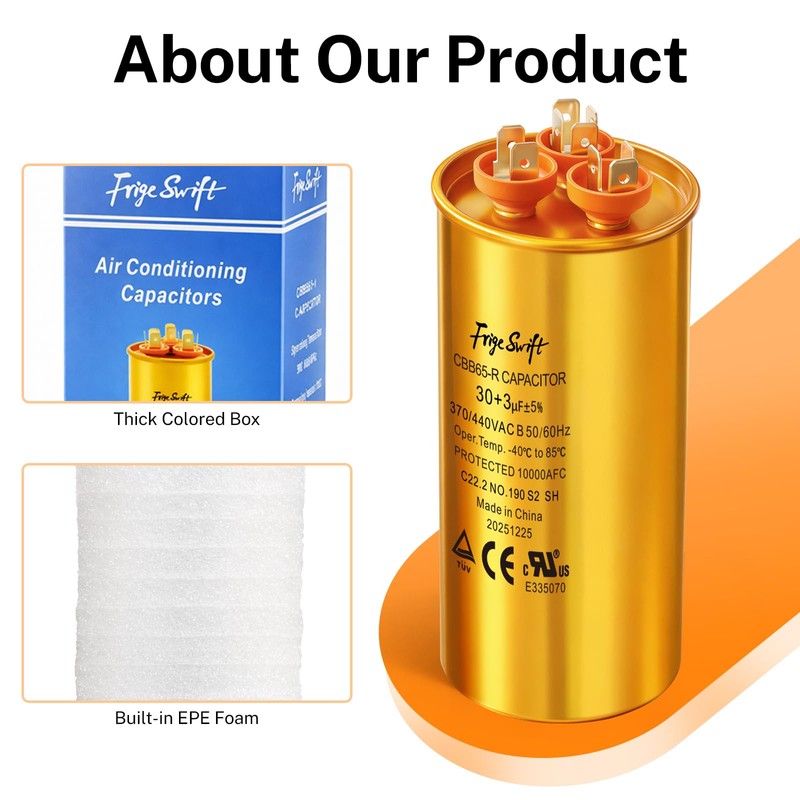 FrigeSwift 30+3uF CBB65 Dual Run Capacitor 370/440VAC 1-Pack