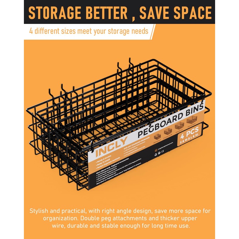 INCLY 4 Pack Pegboard Baskets Bins Set, 4 Size Square