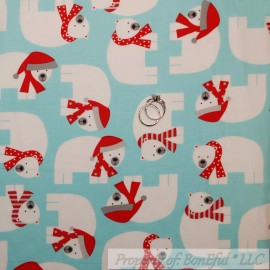 Robert Kaufman BonEful Fabric FQ Cotton Quilt Blue White Red Dot POLAR BEAR Winter Scarf Kid AK