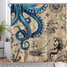 Luminora Brown Nautical Octopus Shower Curtain for Bathroom Fun Ocean Pirate Ship Treasure Map Home Decorations Sets with 12 Hooks Waterproof Polyester 72" x 72"