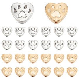 PH PandaHall 80pcs Paw Print Herz Perlen, Bär Katze Hund Pfotenabdruck Herz Charms Antikes Silber Gold Tier Fußabdruck Perlen Herz Abstandshalter Perlen für Armband, Halskette