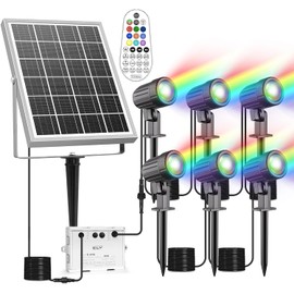 CLY Solar 6 in 1 RGB Spotlights Outdoor Garden, 10 Colors 12 Modes Solar Garden Floodlight Landscape Spotlights IP66 Waterproof 59.06ft Cable Spike Light for Lawn, Patio, Balcony