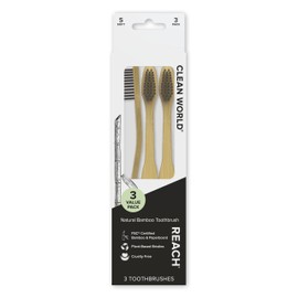 REACH Clean World Natural Bamboo Toothbrush, Soft Plant-Based Bristles, FSC Certified Bamboo and Paperboard, Recyclable Packaging, 3 Count